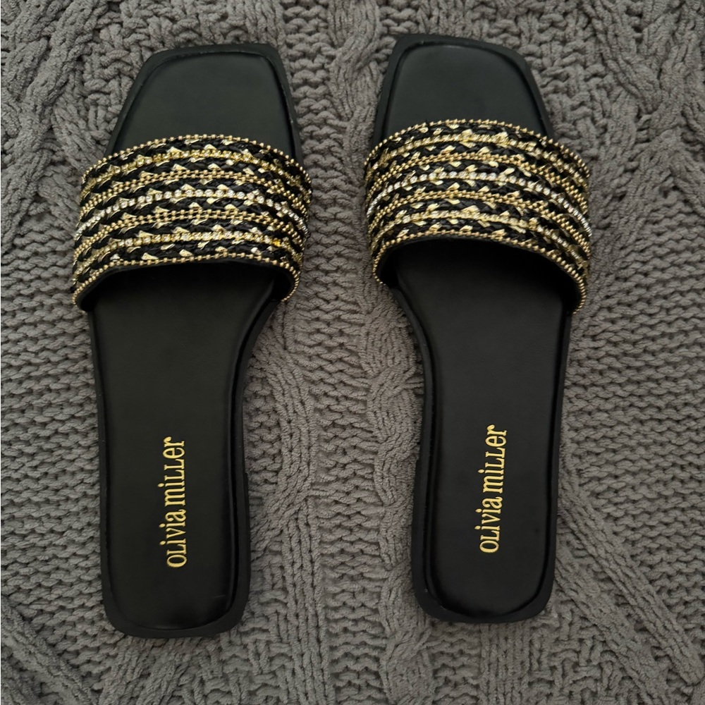 Olivia Miller Black and Gold Slide Sandals